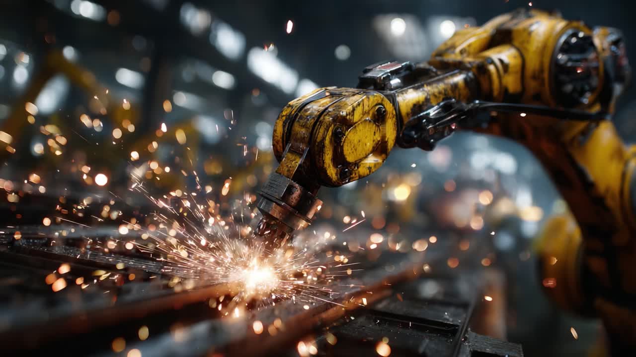 A Dynamic Robotic Arm Efficiently Welding Metal Components, Capturing the Intensity and Precision of Industrial Automation in a Modern Manufacturing Facility