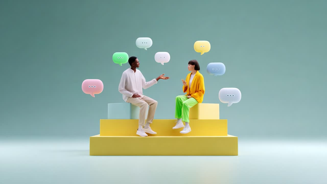 Engaging Conversation: Two Individuals on a Colorful Pedestal Exchange Ideas Amidst Cartoon Speech Bubbles Illustrating Communication Dynamics and Interactions