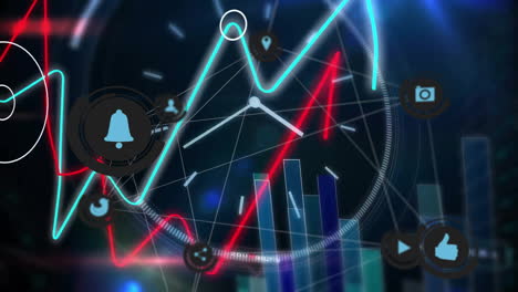 Animieren-Von-Social-Media-Symbolen-Und-Datendiagrammen-über-Finanzdiagrammen-Und-Netzwerkverbindungen