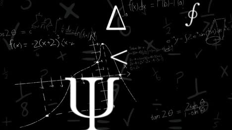 Animation-of-mathematical-equations-and-symbols-on-black-background