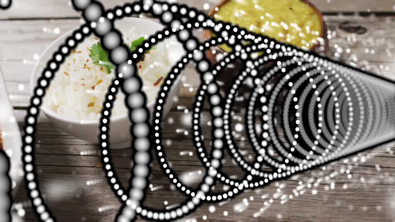 Inizio sovrapposizione che crea un tunnel punteggiato che si muove in diagonale, rivelando riso, curry, chutney per l'impiattamento
