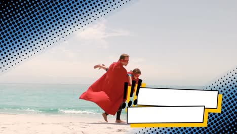 padre con su hijo jugando al superhéroe en la playa