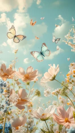 a whimsical video concept featuring a low-angle view of butterflies fluttering over a vibrant