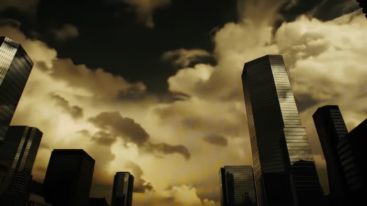 Dramatic Sky Over Urban Skyline: The Contrast Between Towering Buildings and Ominous Cloudscapes in a Stunning Transition from Dusk to Twilight