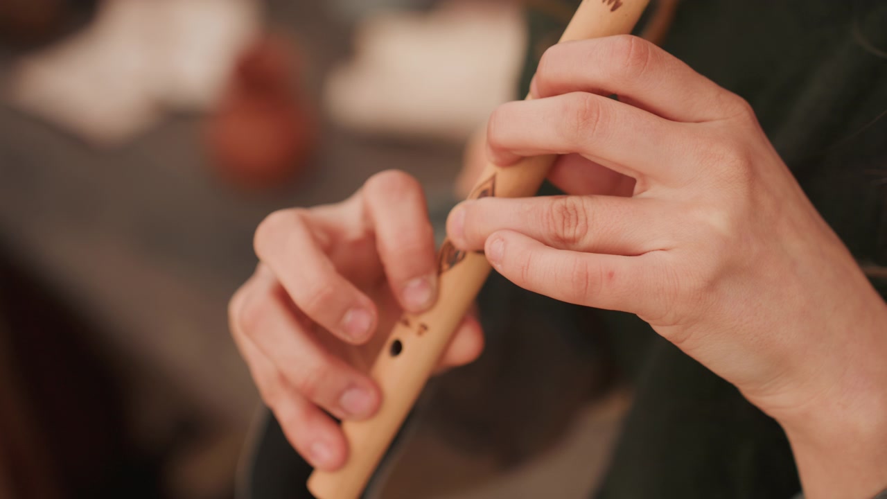 Mains d'adulte manipulant une flûte à bec en bois en vue frontale rapprochée, couvrant et découvrant les trous de tonalité pendant une pratique musicale avec une technique concentrée, lumière intérieure chaude, flou doux et composition calme.
