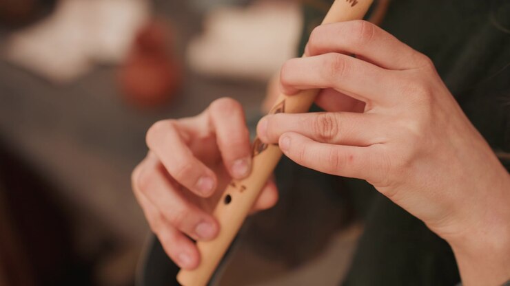 Adult hands fingering wooden recorder flute in tight frontal view, covering and uncovering tone holes during music practice with focused technique, warm indoor light, soft blur and calm composition