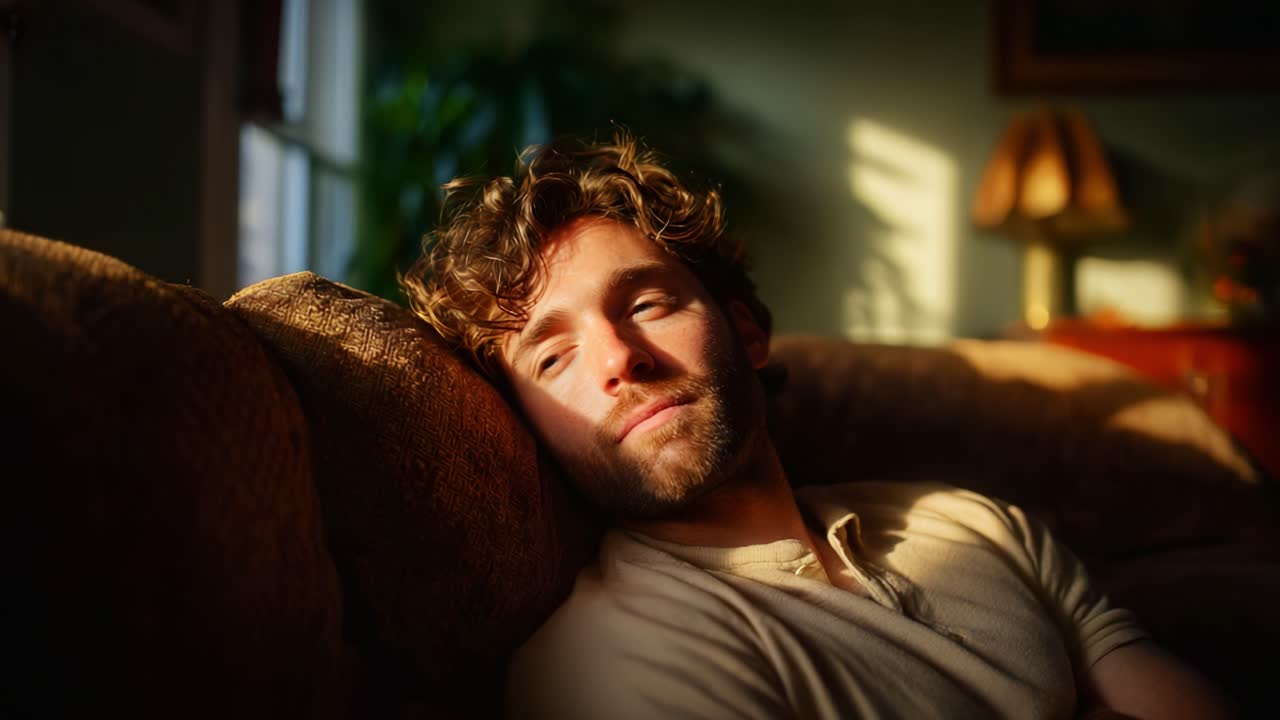 A Tranquil Moment of Reflection: A Young Man Relaxing Comfortably on a Couch Enjoying the Soft Glow of Natural Light in a Cozy Living Room Setting