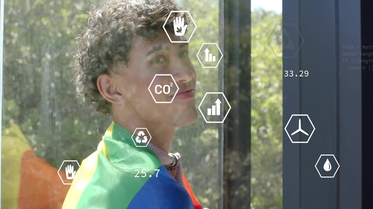 Man draping pride flag glass pod responding to data feed spawning hex icons measuring eco stats