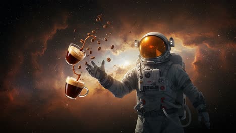 an astronaut enjoys coffee in space: a visually stunning encounter with cosmic beans hovering amidst the stars and nebulae in this creative sci-fi artwork
