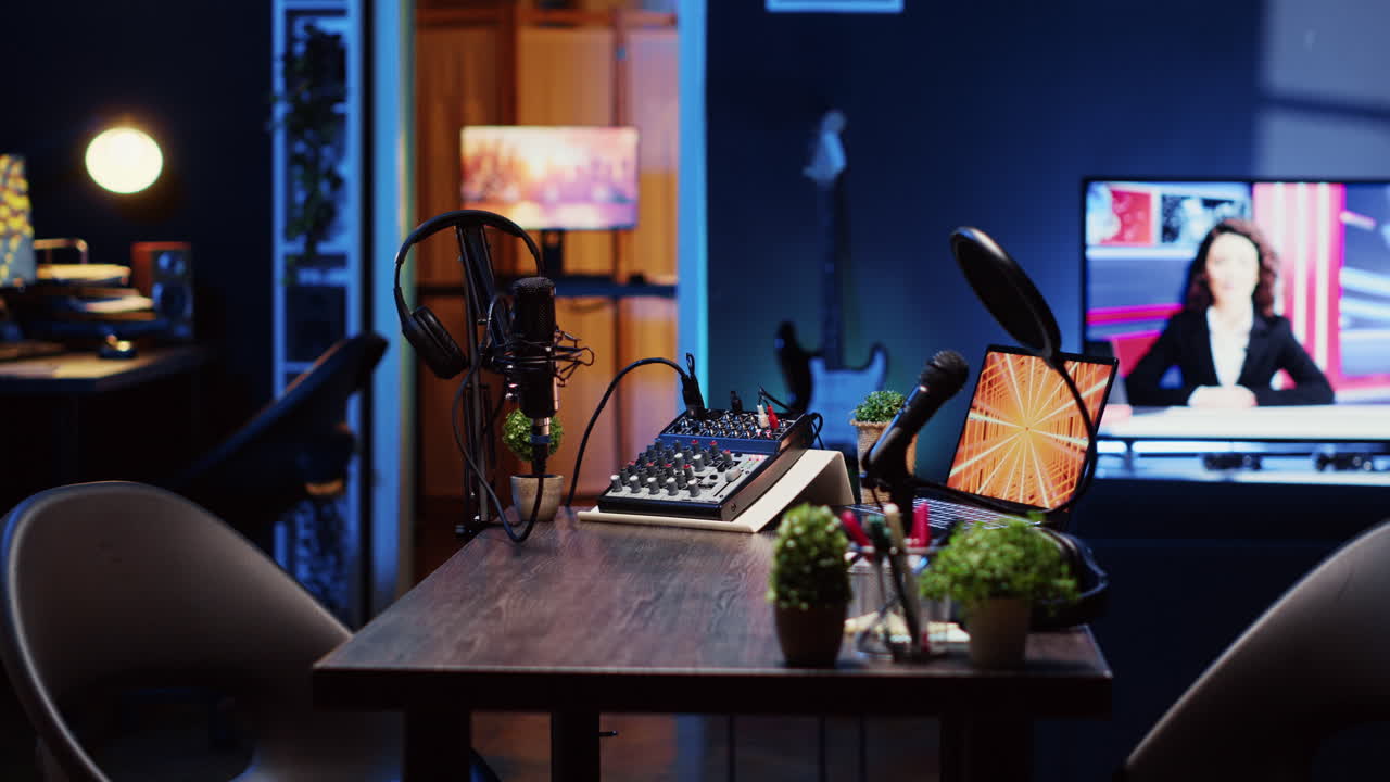 toma panorámica de una habitación vacía en un estudio de producción en casa con tecnología de captura de sonido