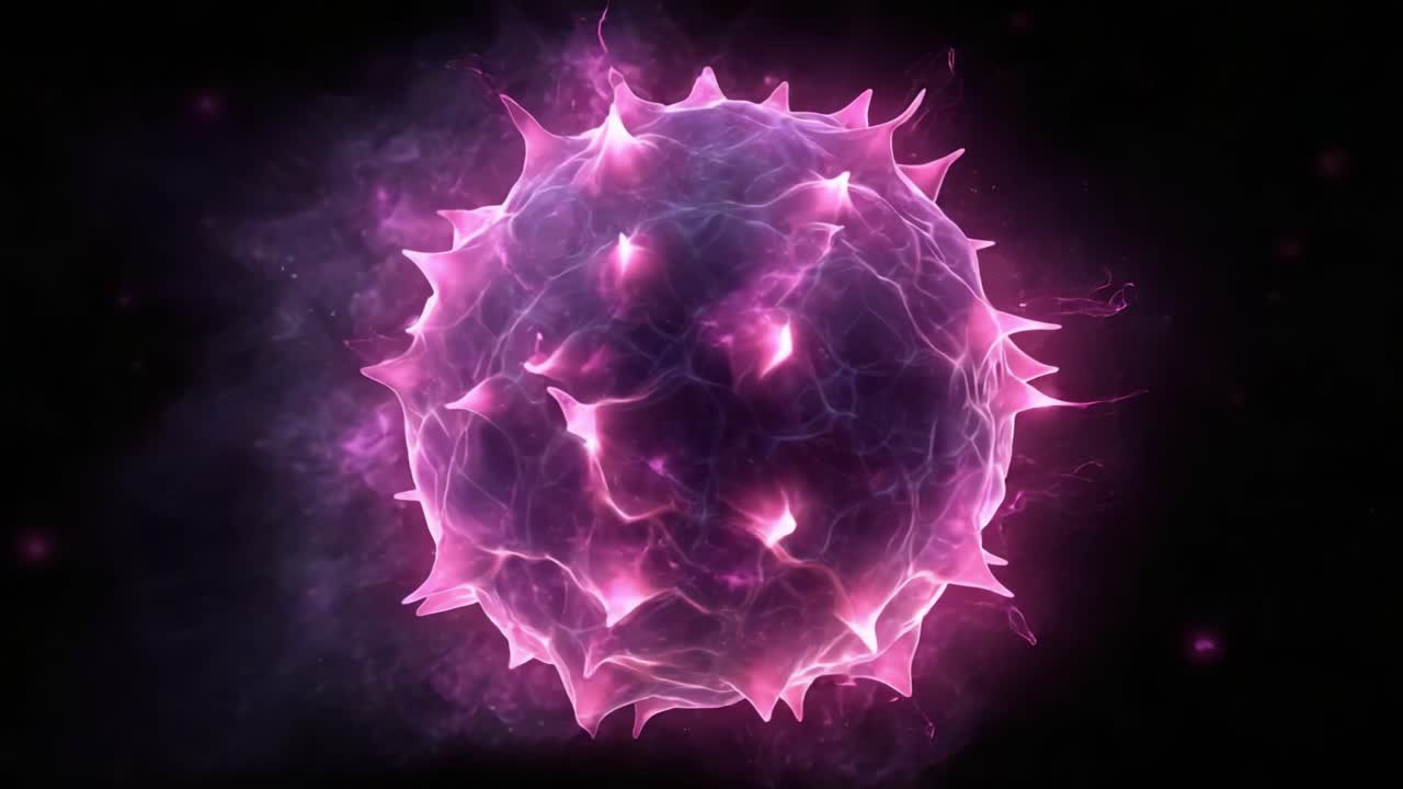 Una splendida rappresentazione visiva di un'entità microscopica con una colorazione rosa e viola vibrante, che mostra dettagli intricati e schemi energetici su uno sfondo scuro.