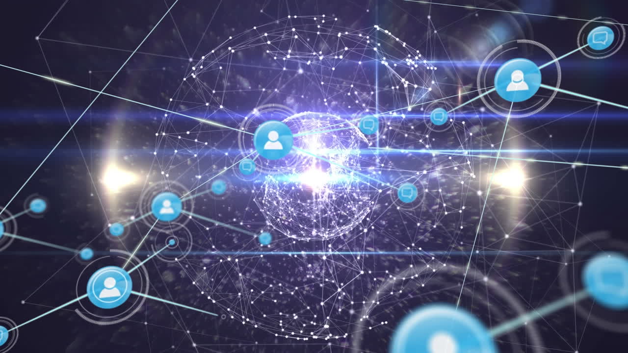 animación de la red de conexiones con iconos en todo el mundo con puntos brillantes