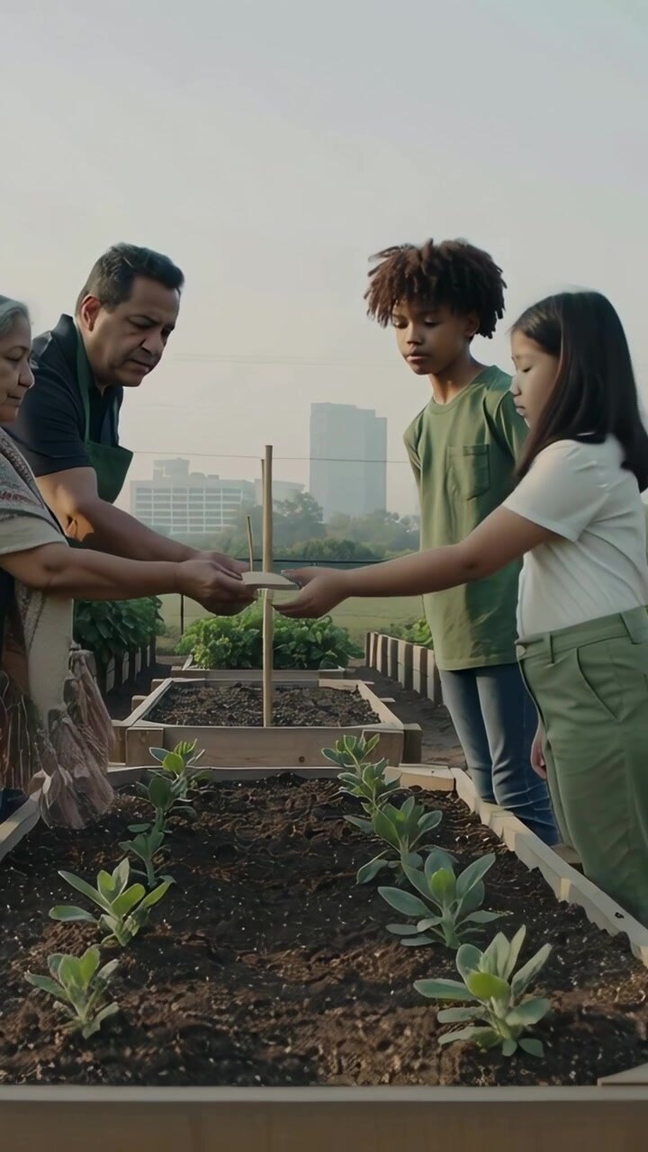 Vertical video: Planting grandmother kneeling on rooftop using dibber, man in apron teaching kids