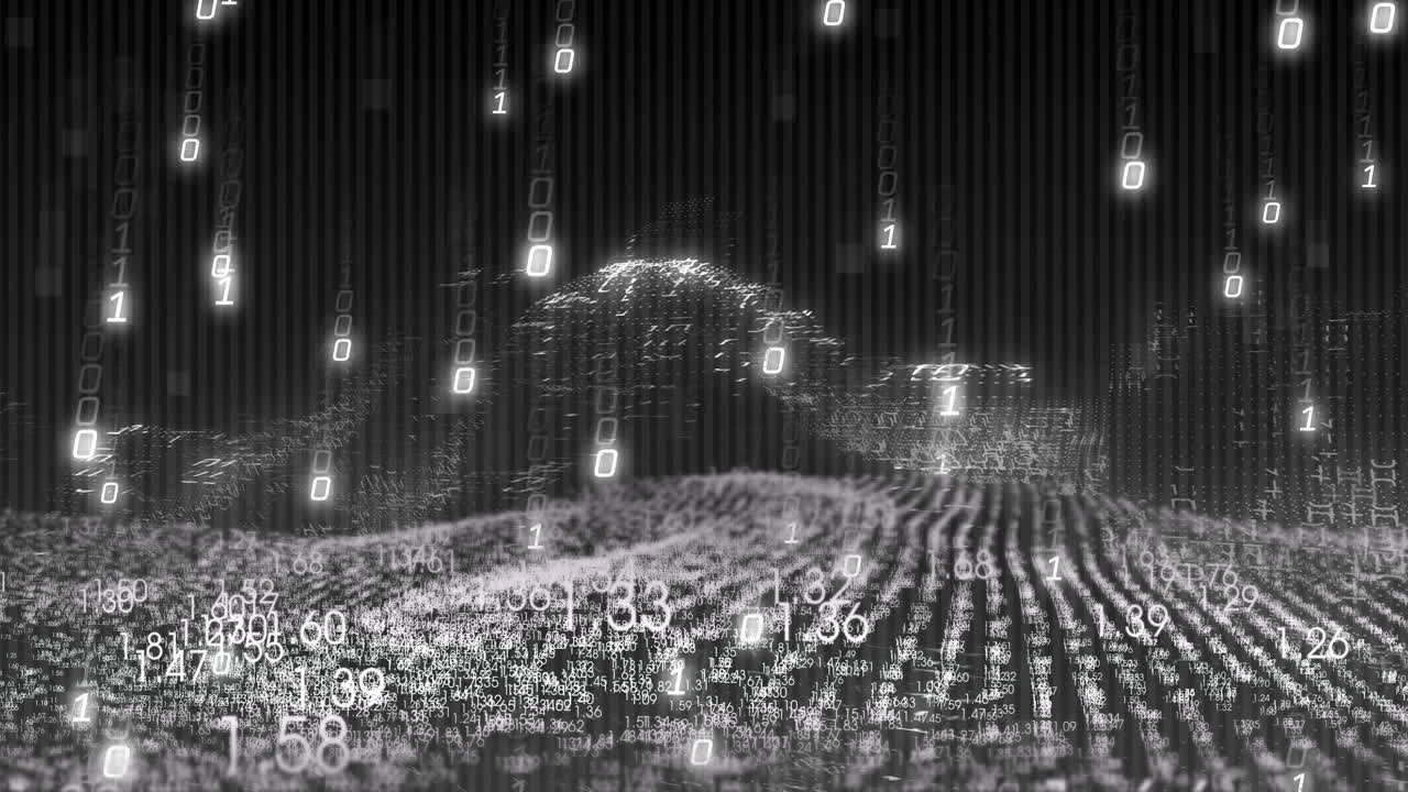 금융 데이터 처리의 애니메이션과 검은색 배경의 바이너리 코딩