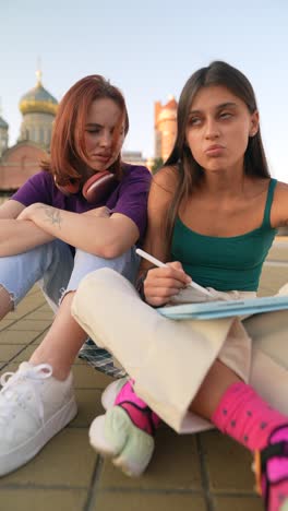 two young women studying outdoors