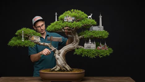 an artisan prunes a unique bonsai tree showcasing miniature landmarks, blending nature's elegance with architectural wonders for a captivating display