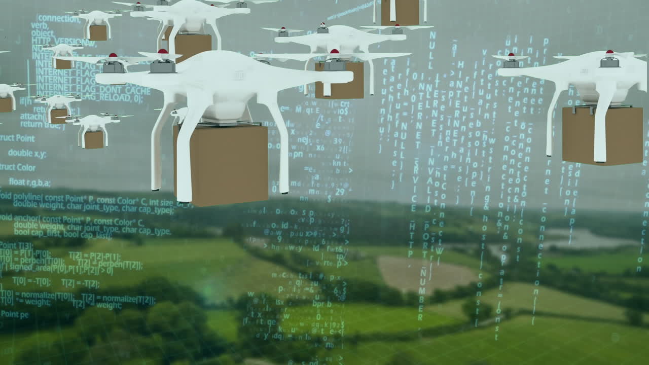 상자를 들고 하늘을 날아다니는 드론