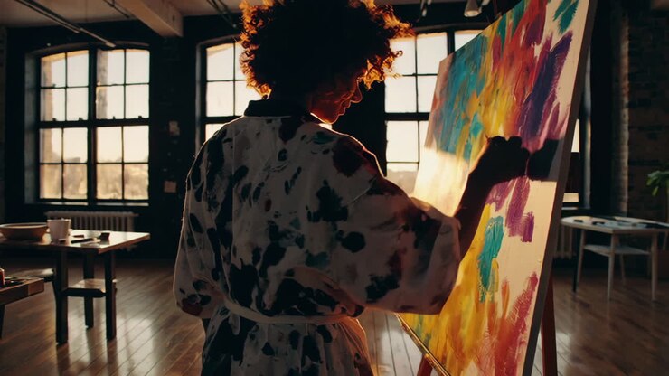Femme artiste peignant dans un atelier