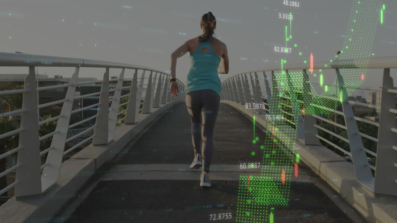 animación de múltiples gráficos con números cambiantes, vista trasera de una mujer caucásica corriendo al aire libre