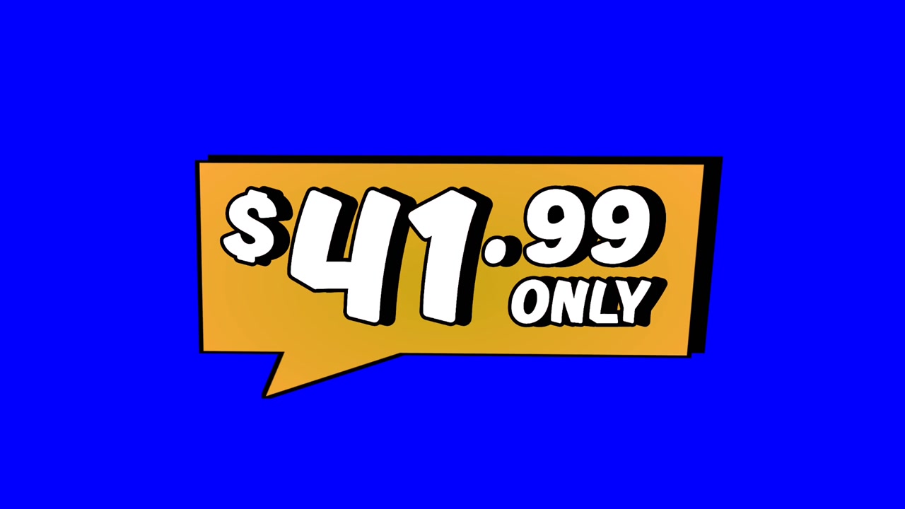 Animation $41.99 only price tag in orange speech bubble motion graphics on Blue screen background. Perfect for ads, e-commerce, retail, discounts, and promo videos business concept video element