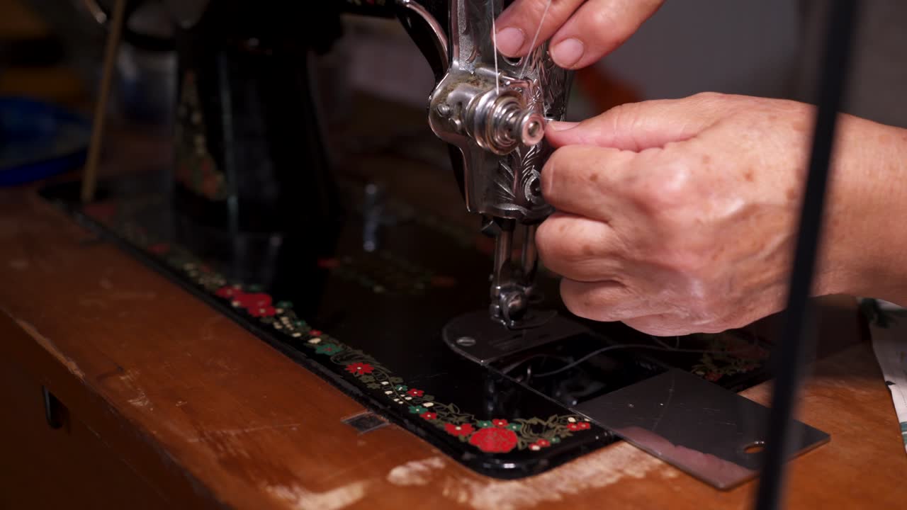 Close up shot on old vintage sewing machine 4K