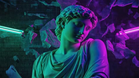 green neon classical statue with digital glitch background