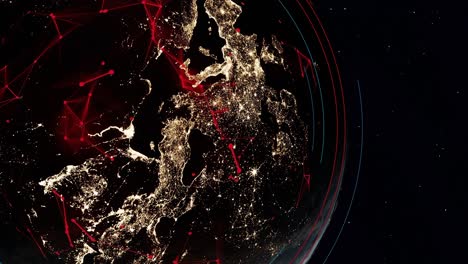 planet-earth-view-from-space-globe-spinning-with-light-pollution-map-content-illuminated-at-night-with-red-network-connection