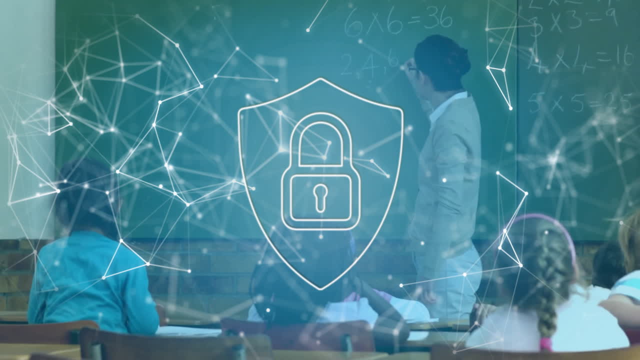 animación de formas y cerraduras sobre diversos escolares aprendiendo con el maestro en el aula