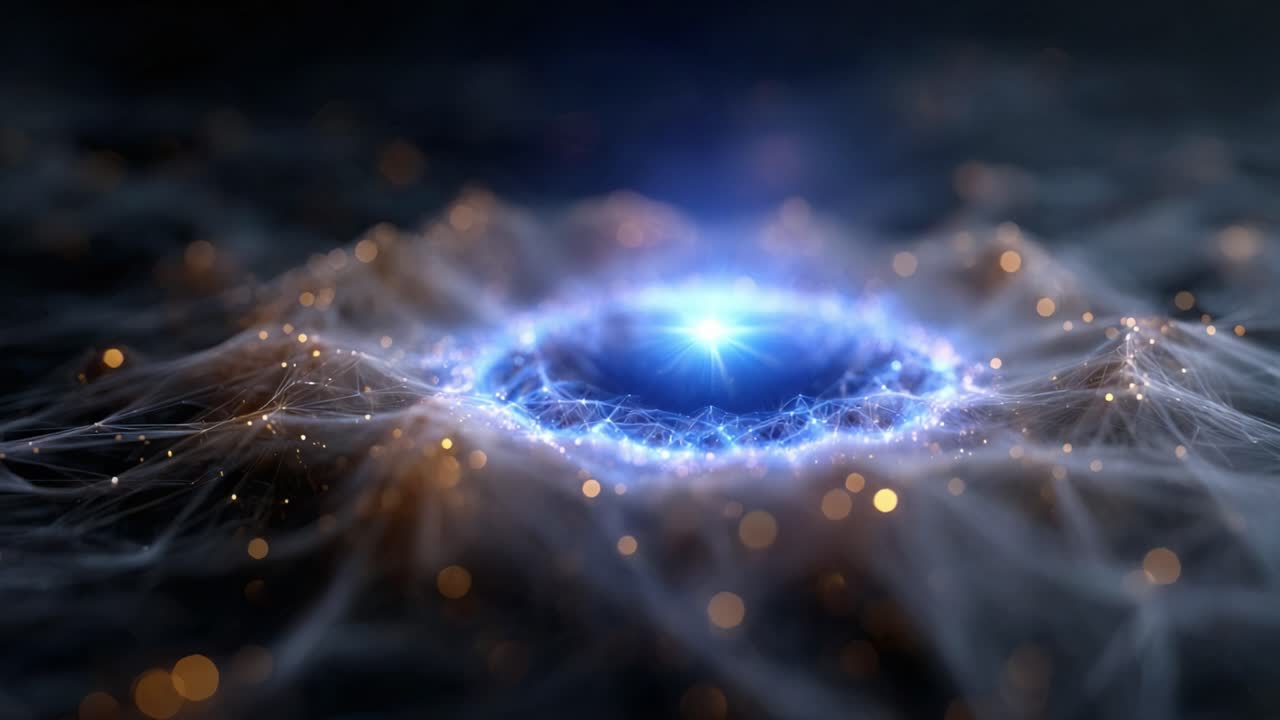 Una rappresentazione affascinante di un vortice cosmico e luminoso, circondato da intricati giochi di luce e particelle scintillanti, che incarna l'essenza dei fenomeni dello spazio profondo