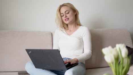 Frohe-Frau-Mit-Laptop-Auf-Dem-Sofa