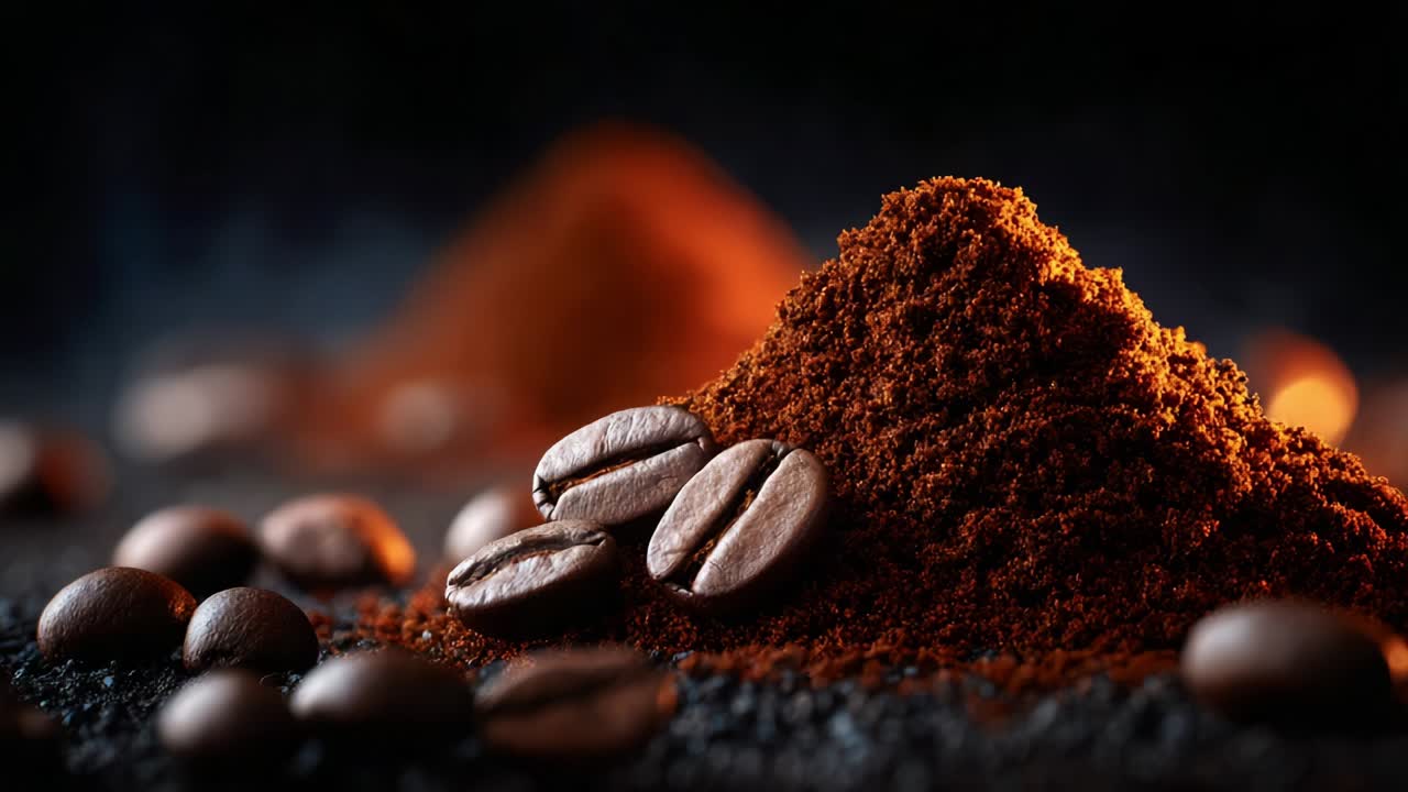 Aromatic Coffee Grounds and Beans: An Artistic Close-Up of Rich Coffee Textures Highlighting the Beauty of Ground Coffee and Whole Beans, Perfect for Coffee Lovers and Culinary Enthusiasts