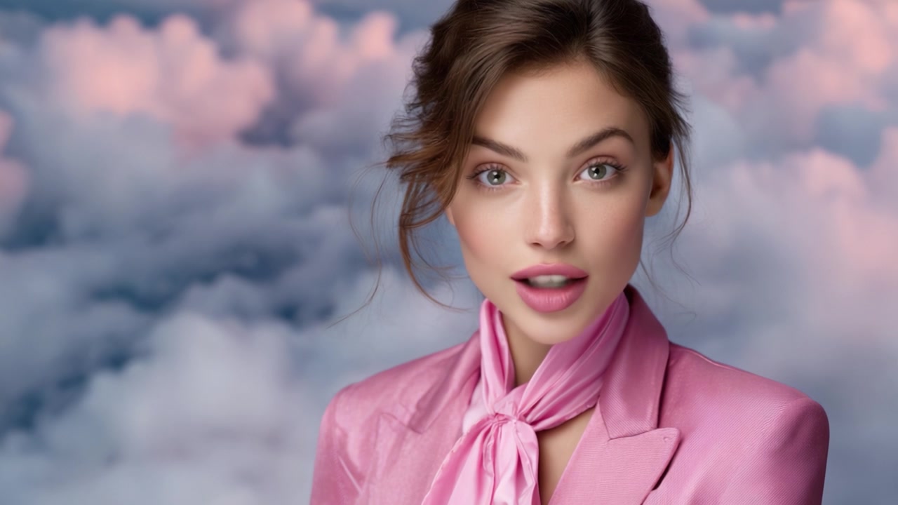 Captivating Portrait of a Model Against a Dreamy Cloud Background, Exuding Elegance and Charm with a Soft Expression, Dressed in Pink Attire