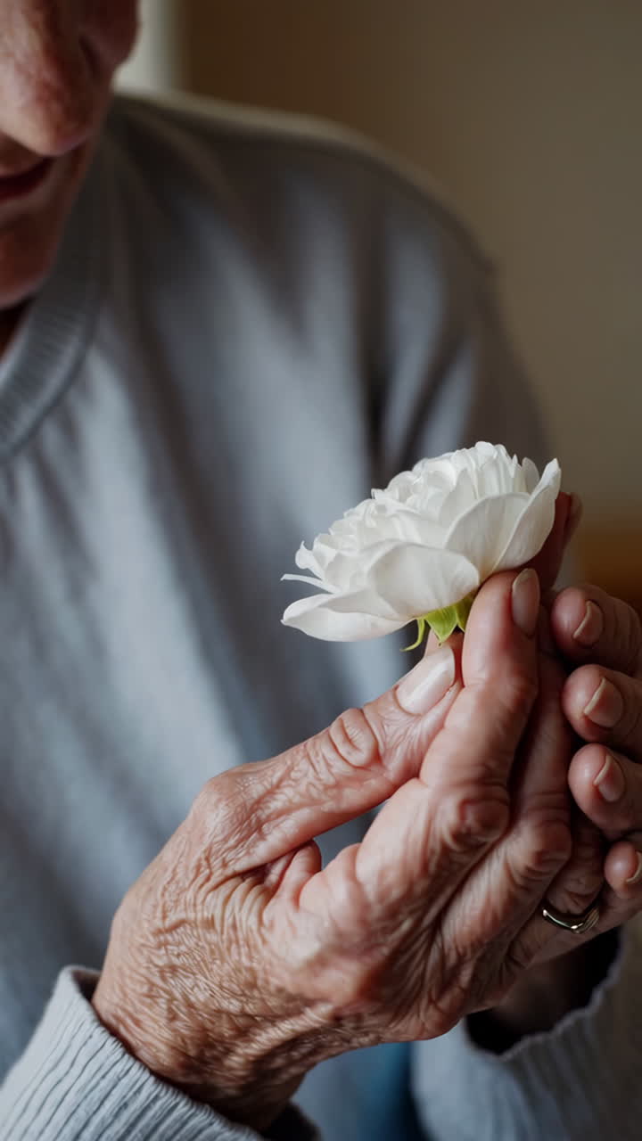 Mani anziane che tengono delicatamente una rosa bianca.