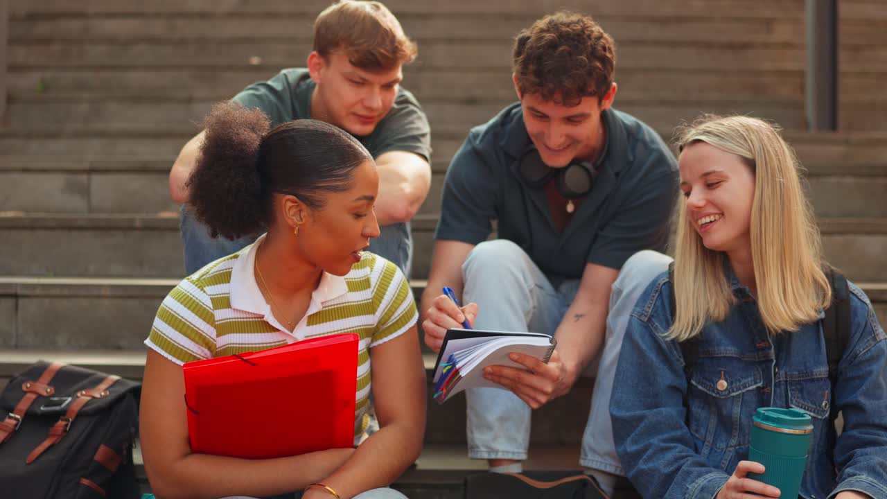 Group of students studying on campus stairs
