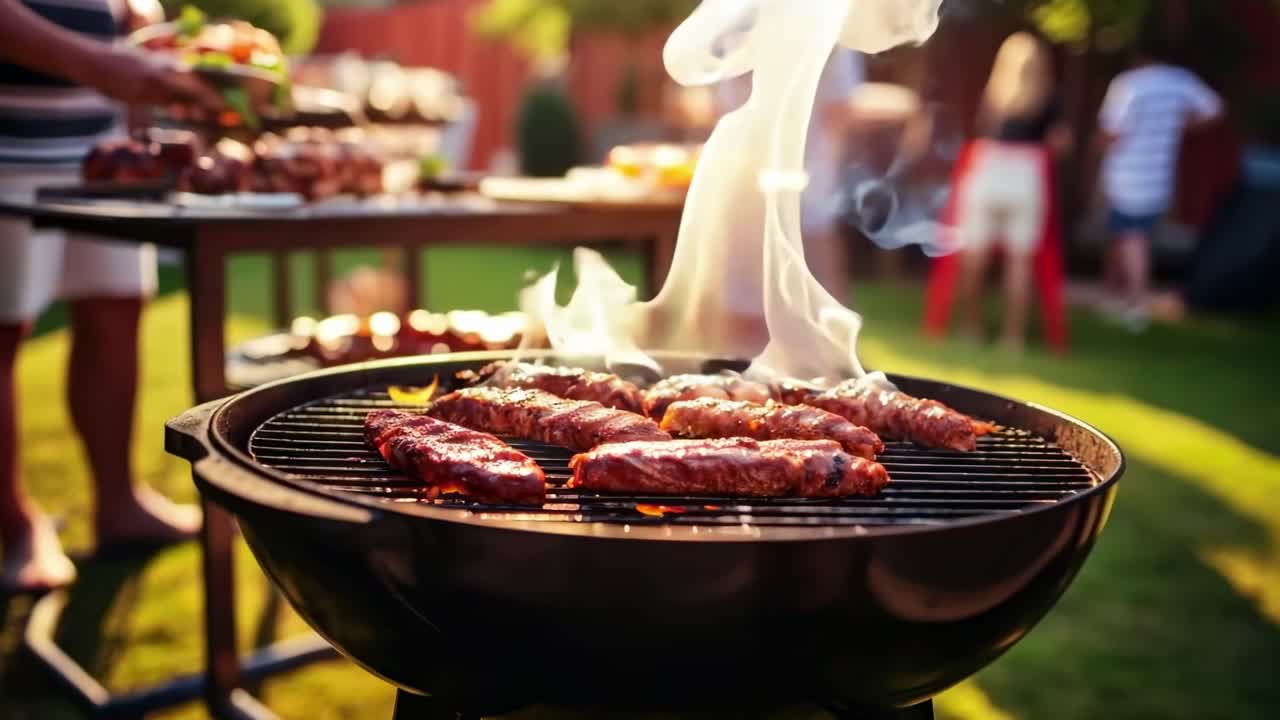 Barbecue grill with sizzling meat, smoke rising. Outdoor barbecue setting with grill, meat