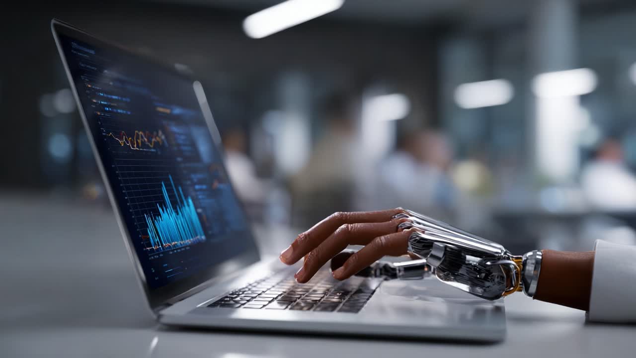 Advanced robotic hand using a laptop to analyze data with visual graphs, showcasing the intersection of technology and data analysis in a modern workspace environment