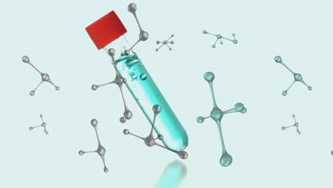 Tubo-De-Ensayo-Con-Líquido-Y-Estructuras-Moleculares,-Animación-De-Investigación-Científica.