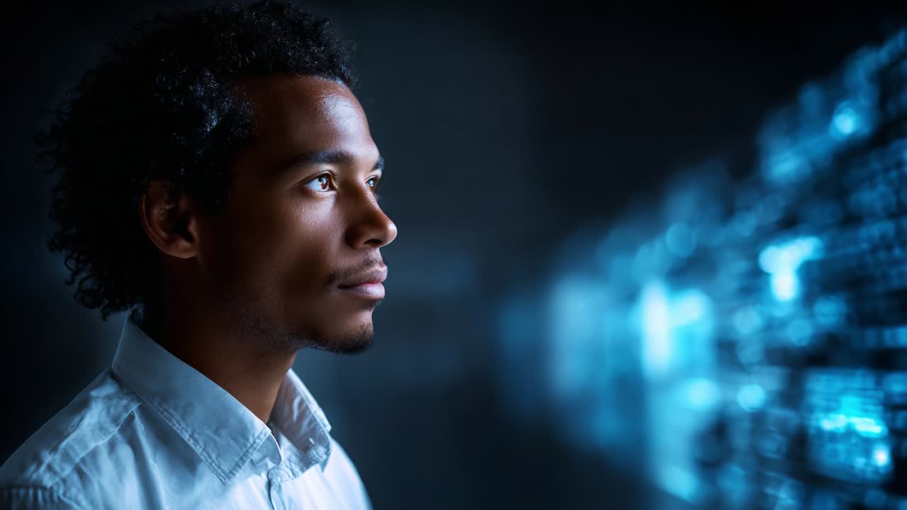 A Thoughtful Individual Contemplating the Future in a Digitally Enhanced Environment, Capturing the Essence of Innovation and Technology with a Focus on Personal Reflection and Discovery