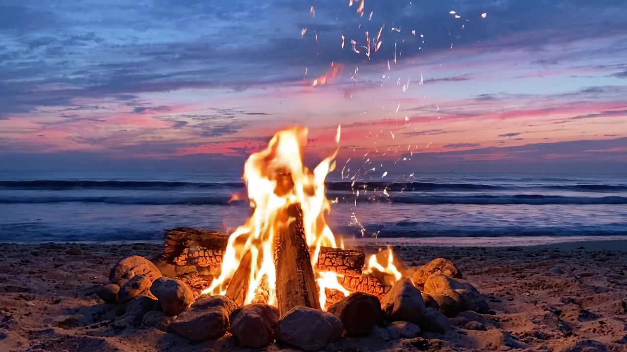 Un falò ipnotizzante sulla spiaggia illumina il cielo crepuscolare, proiettando tonalità calde sulle onde tranquille mentre cala la sera, creando un'atmosfera serale perfetta.