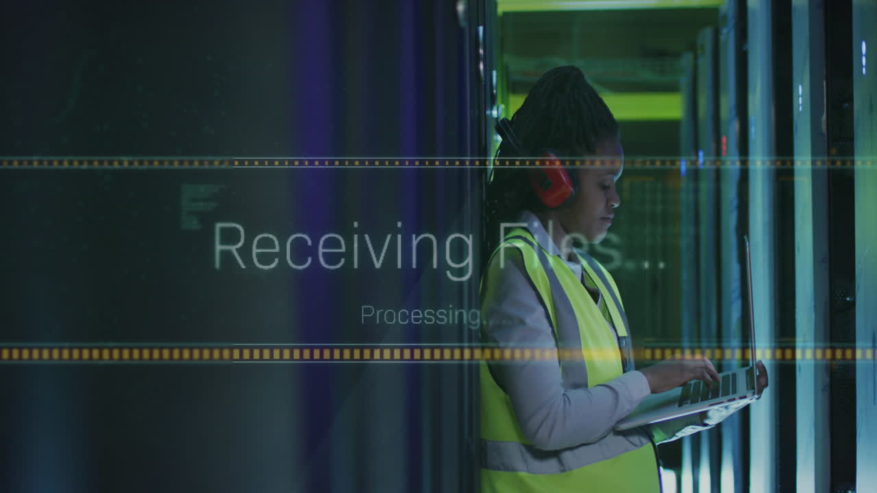 Animation of data processing over african american female it engineer and computer servers