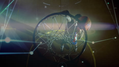 animation of networks of connections over biracial male basketball player at gym