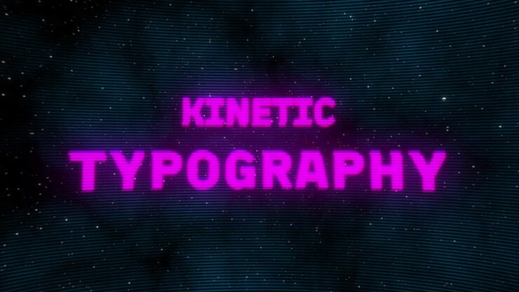 Zooming camera causing magenta KINETIC TYPOGRAPHY emerging through starfield, scanlines flickering
