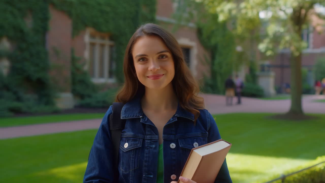 Happy young woman student holding a book on university campus