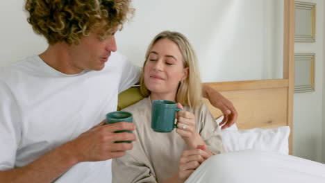 love, couple in bed and coffee in morning