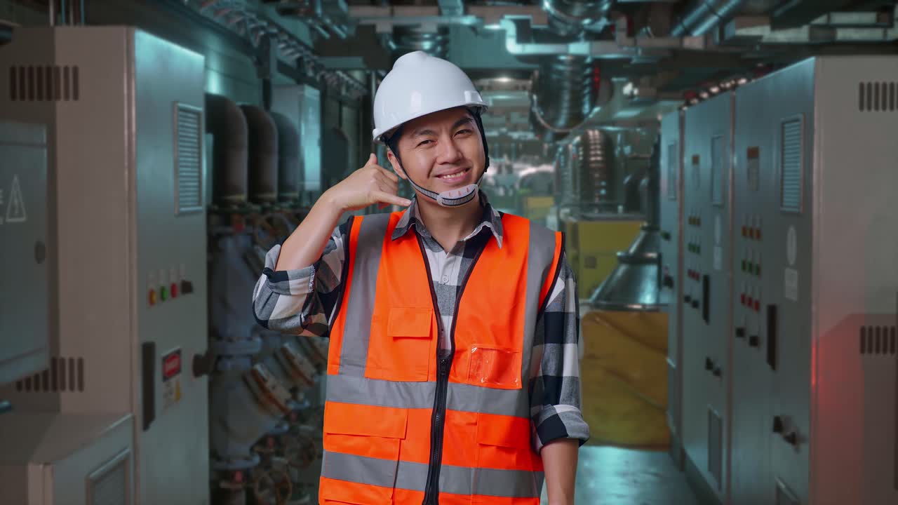 Asian Male Engineer With Safety Helmet Smiling To Camera And Making Call Me Gesture While Standing In Engine Control Room, Work Of Electrical Generators
