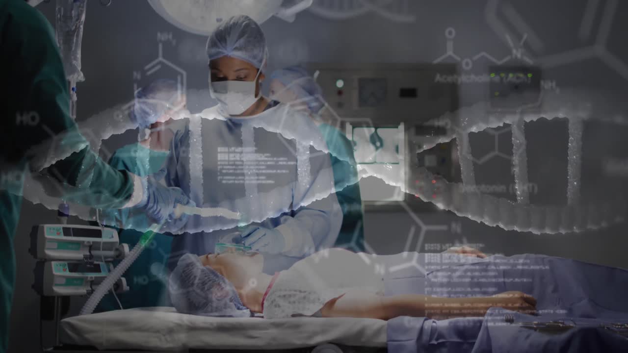 수술 전에 환자에게 가스를 주는 두 인종의 여성 외과 의사에 대한 dna 줄무와 데이터의 애니메이션