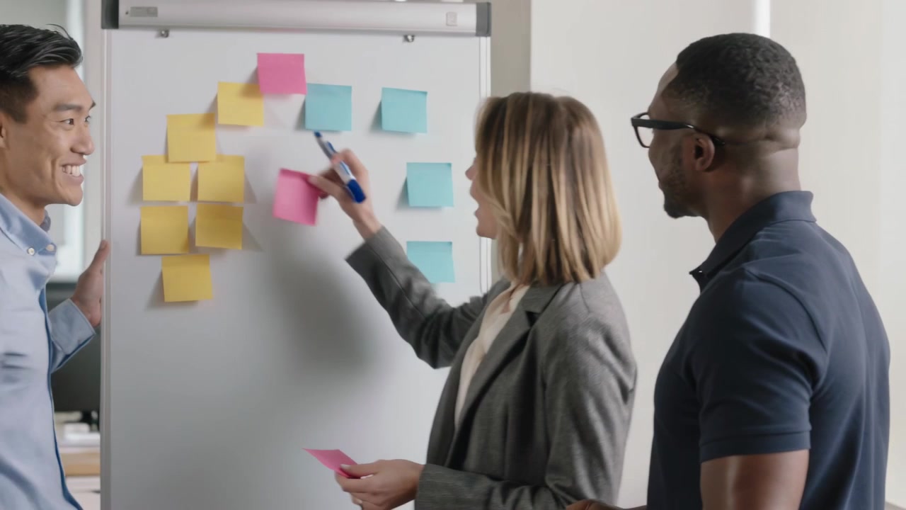 Starting meeting, team clustering sticky notes on board while woman in gray blazer writing ideas