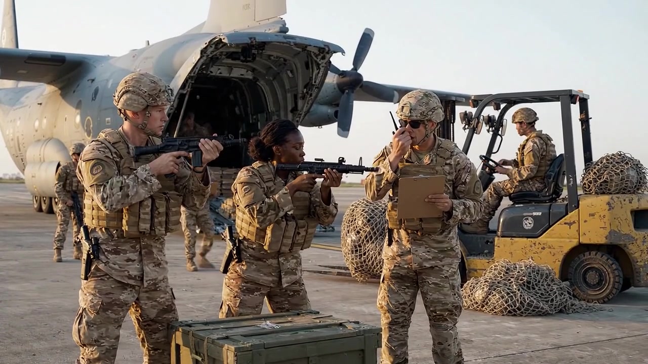 Personale militare che carica e scarica merci da un aereo da trasporto in un ambiente operativo attivo con prontezza tattica e coordinamento.