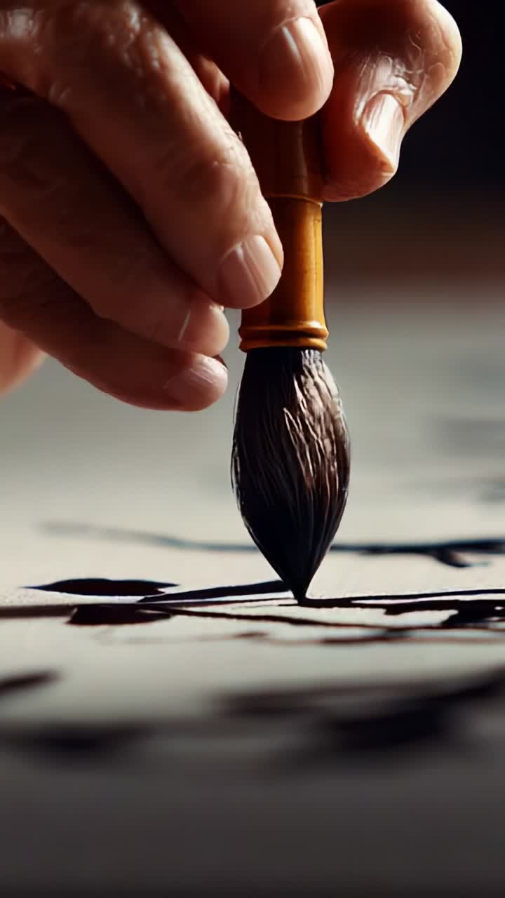 An Artist's Hand Skillfully Guides a Brush on a Canvas, Creating Fluid Patterns with Ink in a Captivating Process of Artistic Expression and Mastery