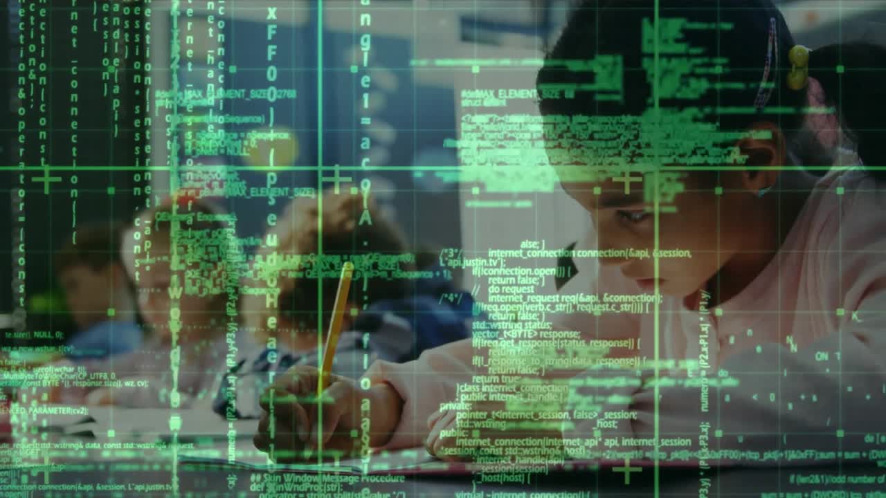Students writing in class while green code overlay scrolling, grid forming around boy with headset